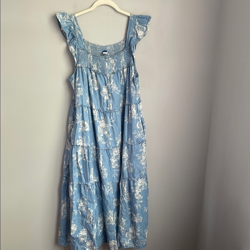 Old Navy Blue & White Floral Print Flutter Sleeve Tiered Cotton Dress Size XL - Picture 2 of 9
